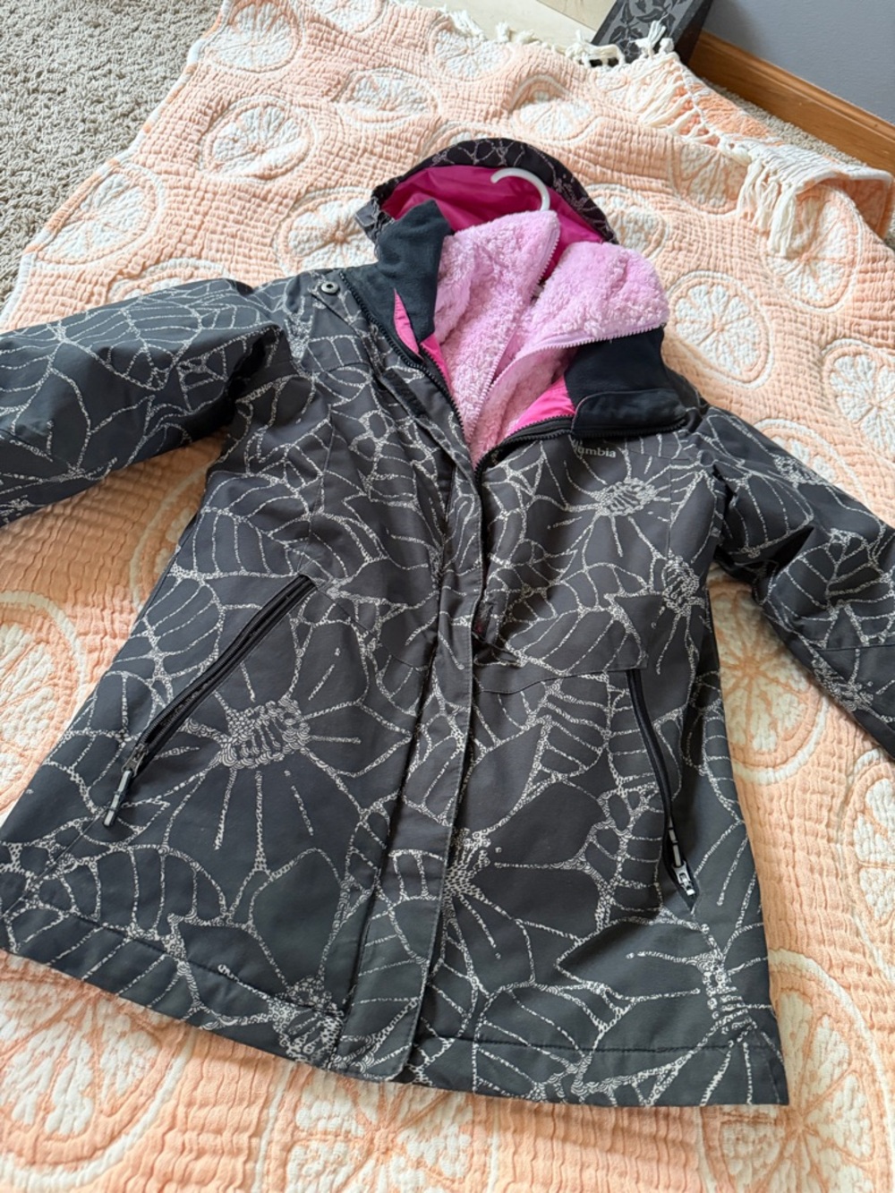 Columbia Black Floral Puffer Coat with Pink Lining and Hood